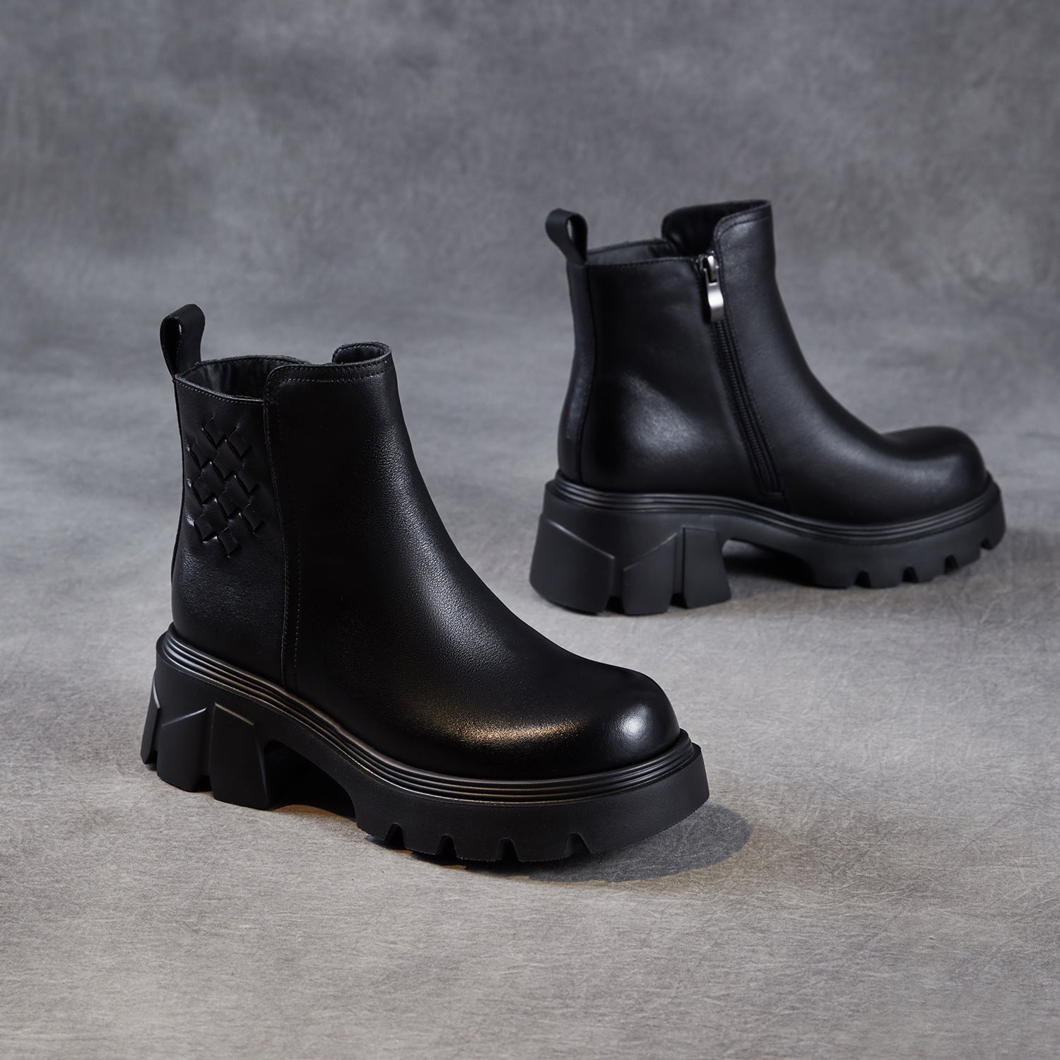 Women's Minimalist Woven Plain leather Platform Ankle Boots-RAIIFY