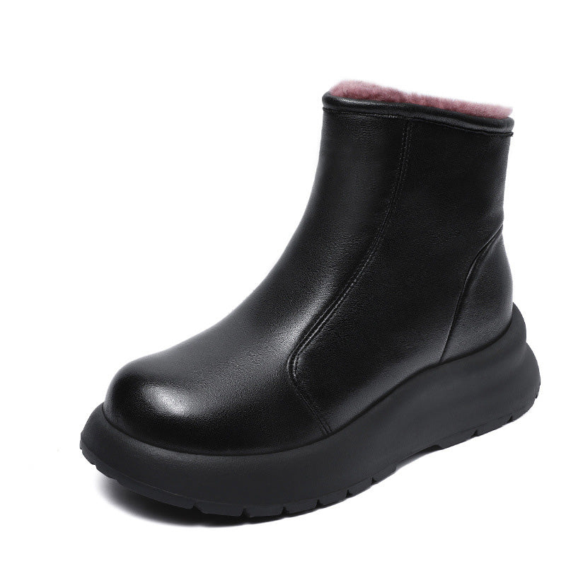 Women Minimliam Solid Leather Wool Ankle Snow Boots-RAIIFY