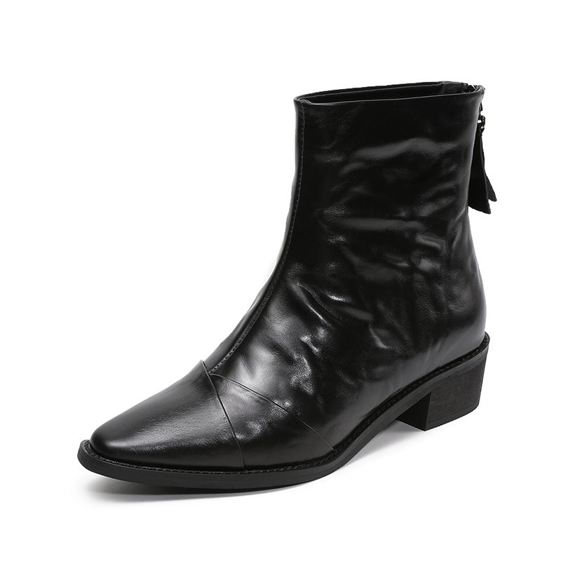 Botines bajos de piel plisada con pelo para mujer