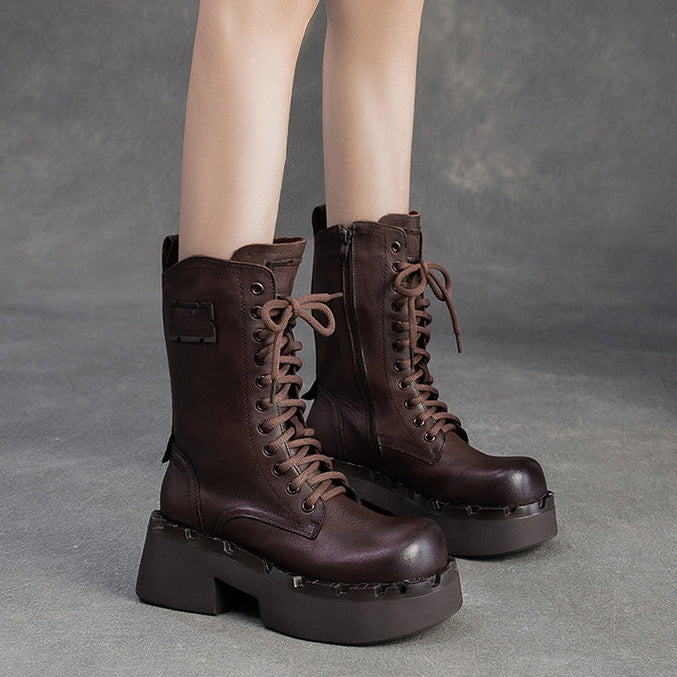 Women's Vintage Leather Platform Mid-Calf Boots-RAIIFY