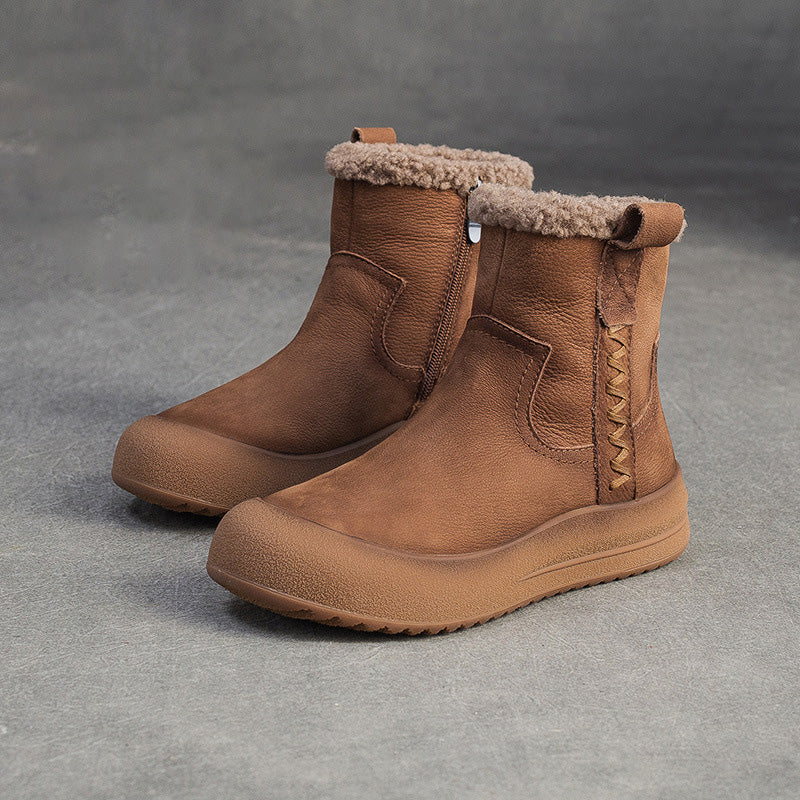 Women's Retro Leather Fleece Flat Snow Boots