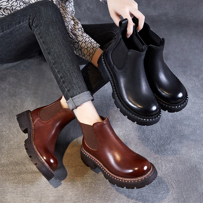 Women Minimalism Solid Leather Casual Ankle Boots-RAIIFY