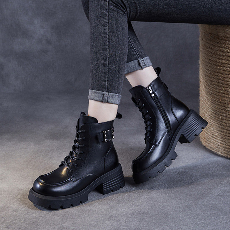 Women Vintage Leather Buckle Low Block Boots-RAIIFY