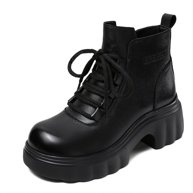 Women Retro Solid Leather Platform Ankle Boots-RAIIFY