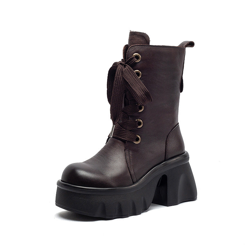 Women's Vintage Leather Chunky Platform Mid-Calf Boots-RAIIFY