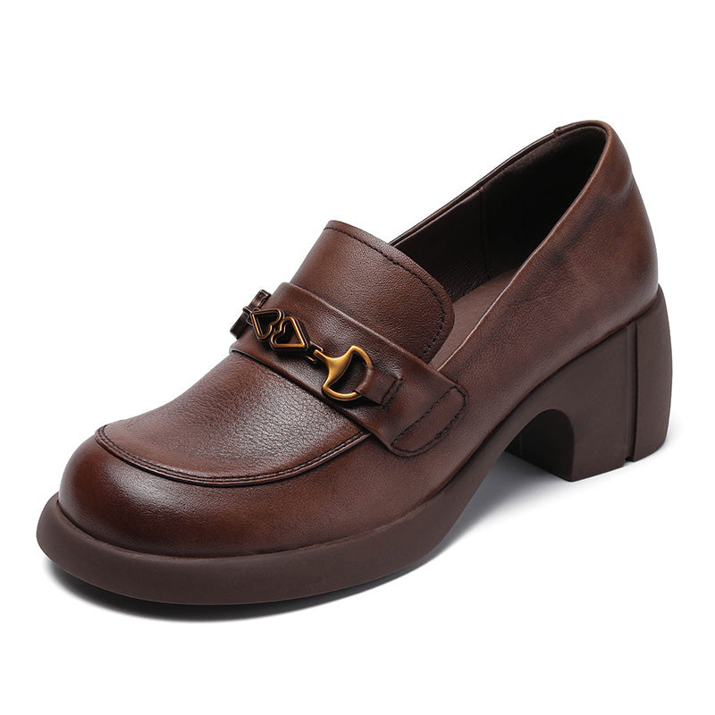 Women Retro Cowhide Chunky Sole Casual Loafers-RAIIFY