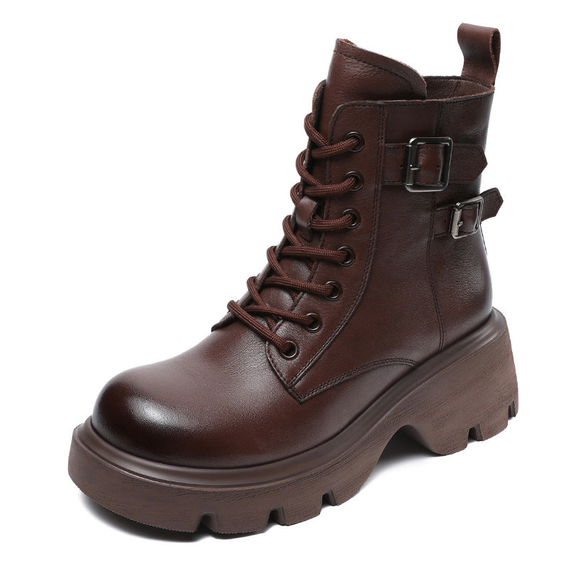 Women Solid Leather Fashion Leather Thick Soled Boots-RAIIFY