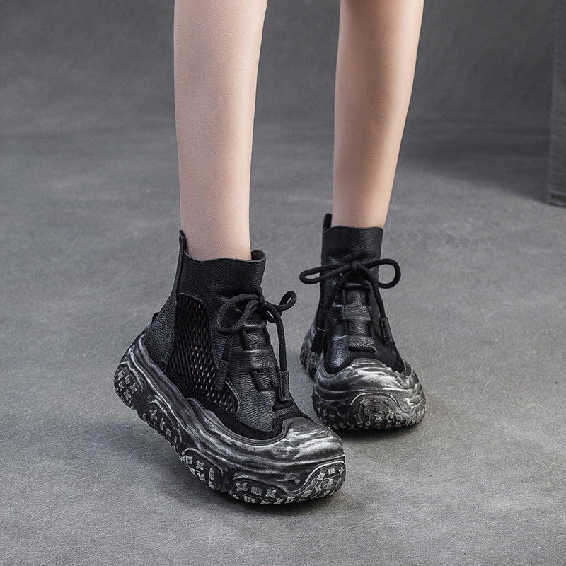 Women Retro Leather Breathable Mesh Chunky Platform Boots-RAIIFY