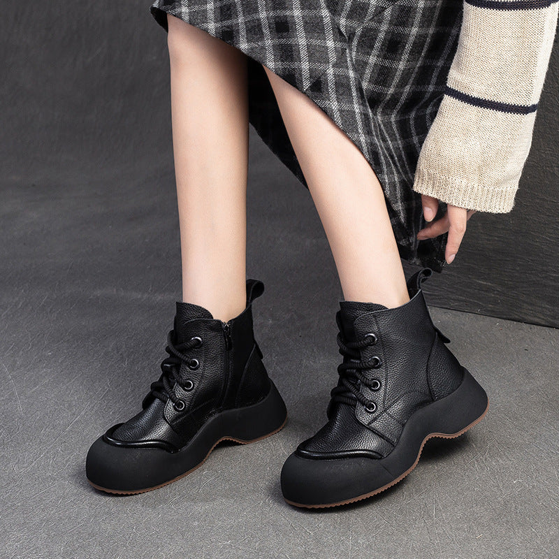 Women Solid Soft Leather Casual Thick Soled Boots-RAIIFY