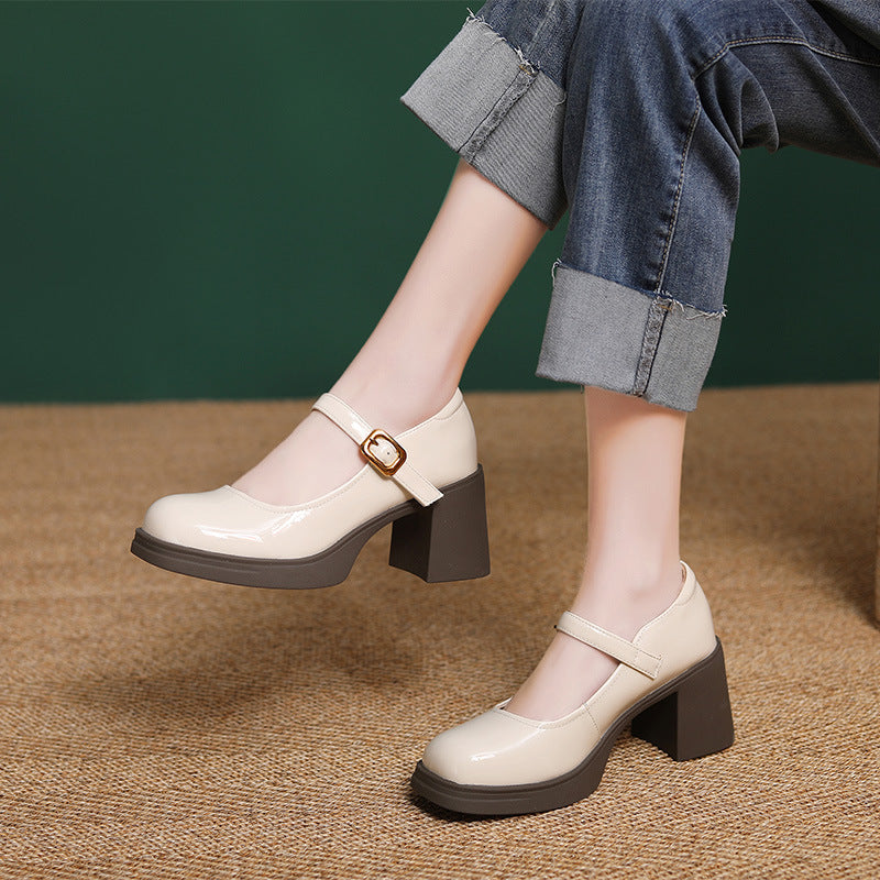 Women Minimalism Leather Chunky Heel Mary Jane Shoes-RAIIFY