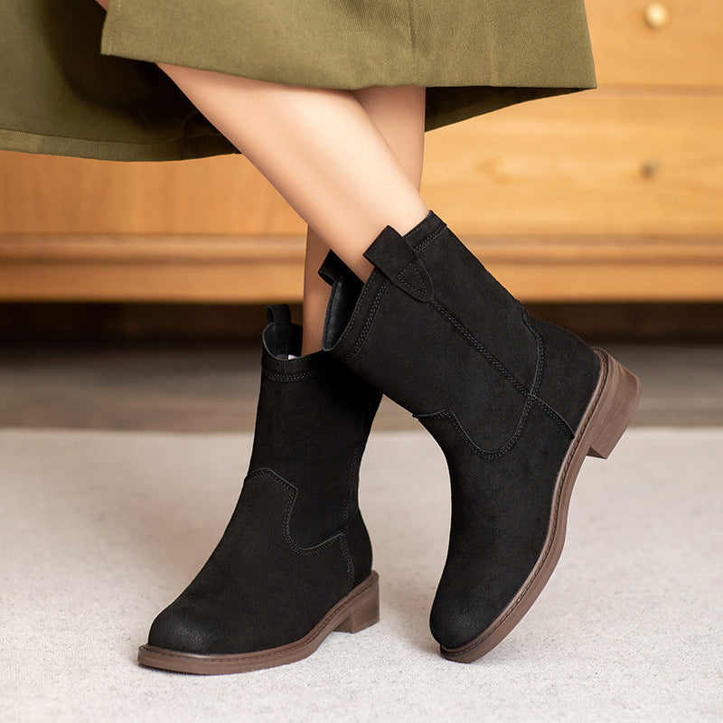 Women Solid Suede Retro Casual Boots-RAIIFY