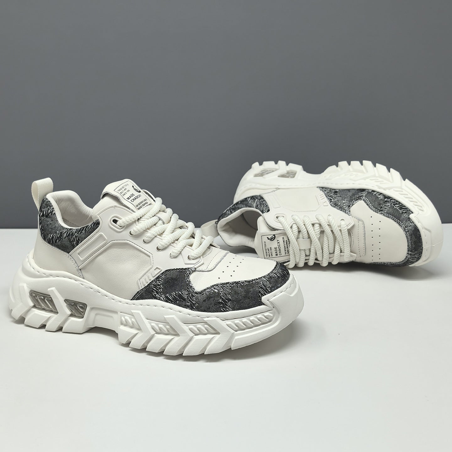 Men's Leather & Fabric Chunky Platform Dad Sneakers-RAIIFY