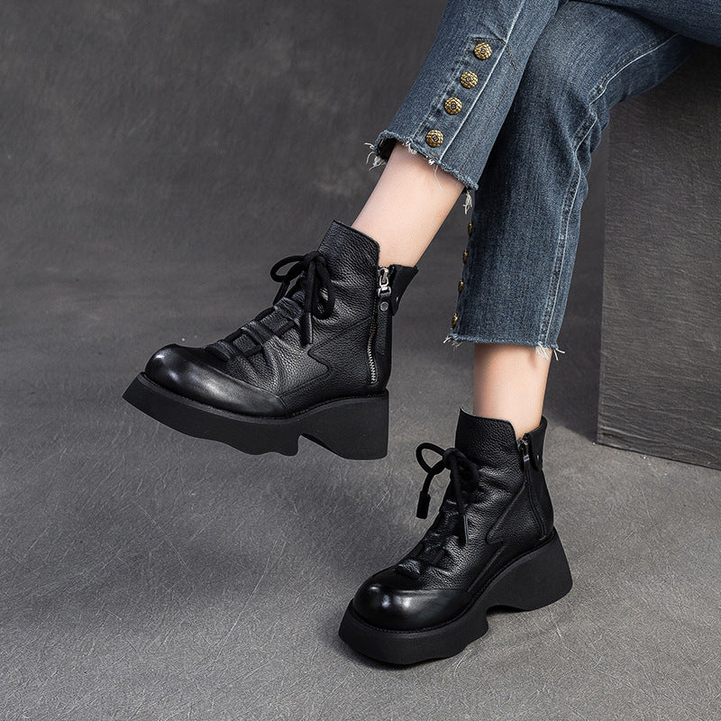 Women Handmade Leather Casual Platform Boots-RAIIFY