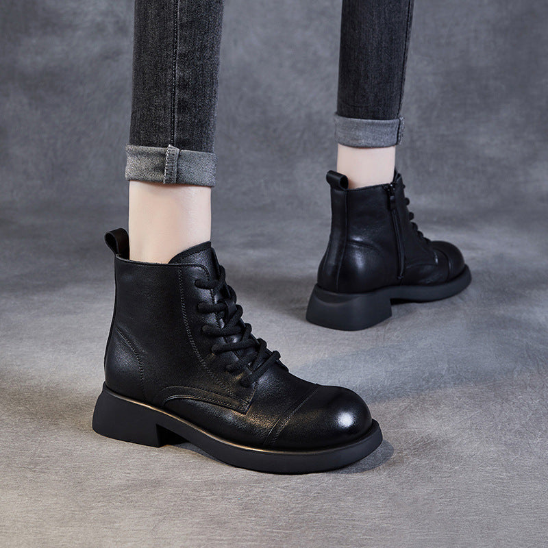 Women Retro Solid Leather Casual Combat Boots-RAIIFY