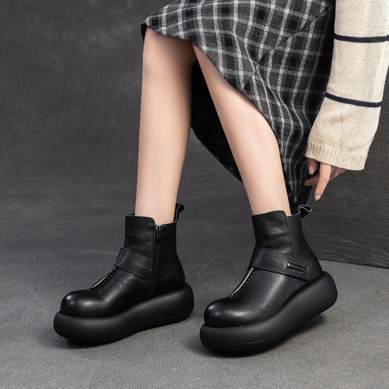 Women Vintage Solid Leather Casual Platform Boots-RAIIFY