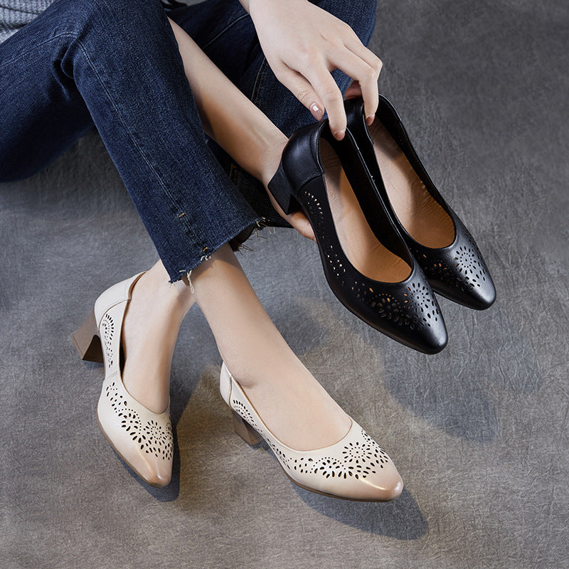 Women Hollow Leather Point Toe Chunky Heel Pumps-RAIIFY