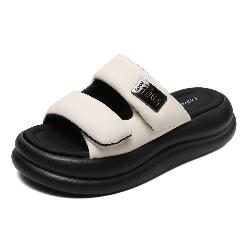 Women Summer Soft Leather Casual Slide Sandals-RAIIFY