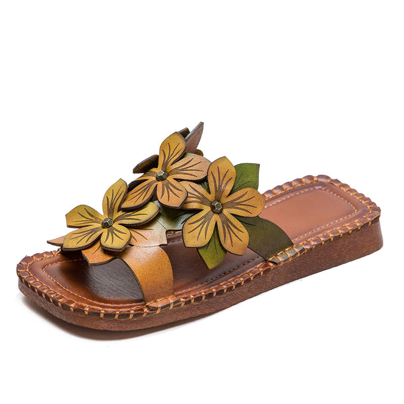 Women Retro Casual Flower Leather Flat Slides-RAIIFY