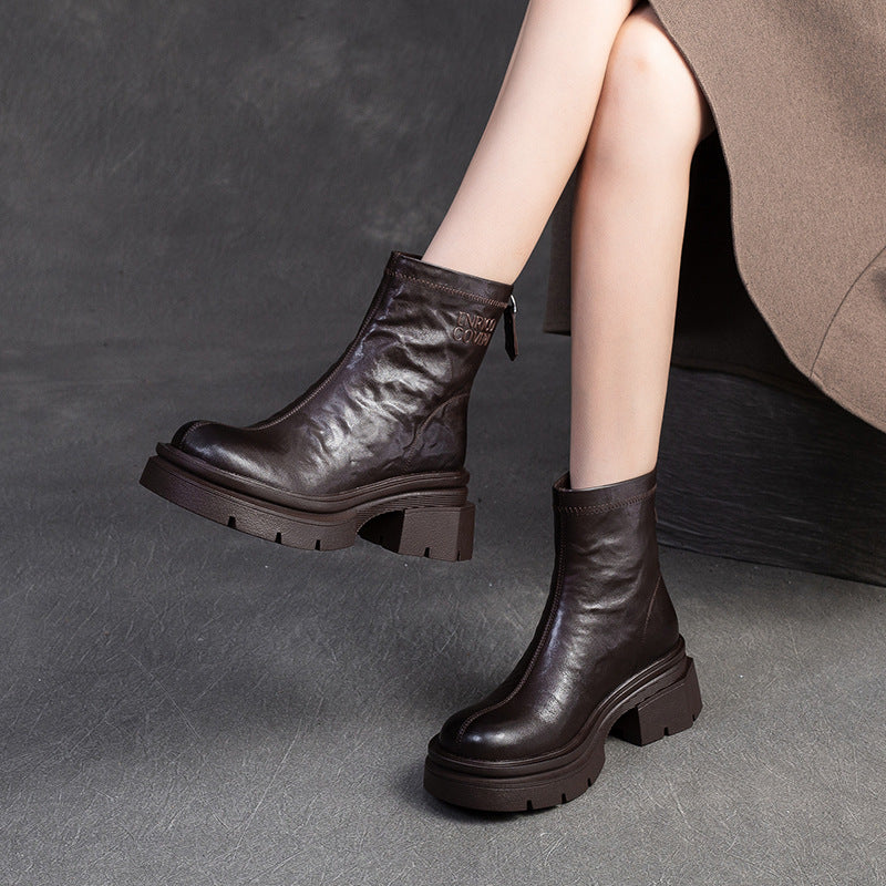 Women Vintage Pleated Leather Block Ankle Boots-RAIIFY