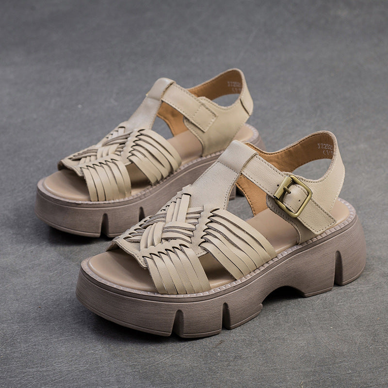 Women Retro Plaited Leather Platform Casual Sandals-RAIIFY