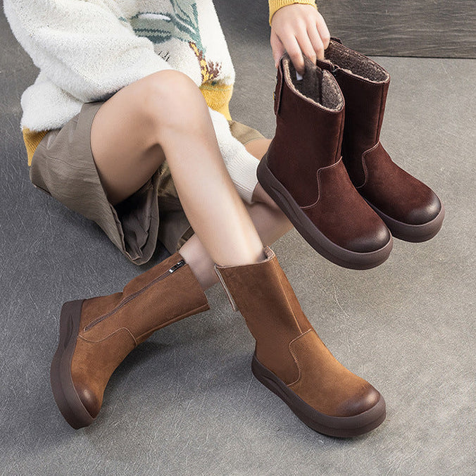 Botas de media caña de piel retro para mujer con forro polar