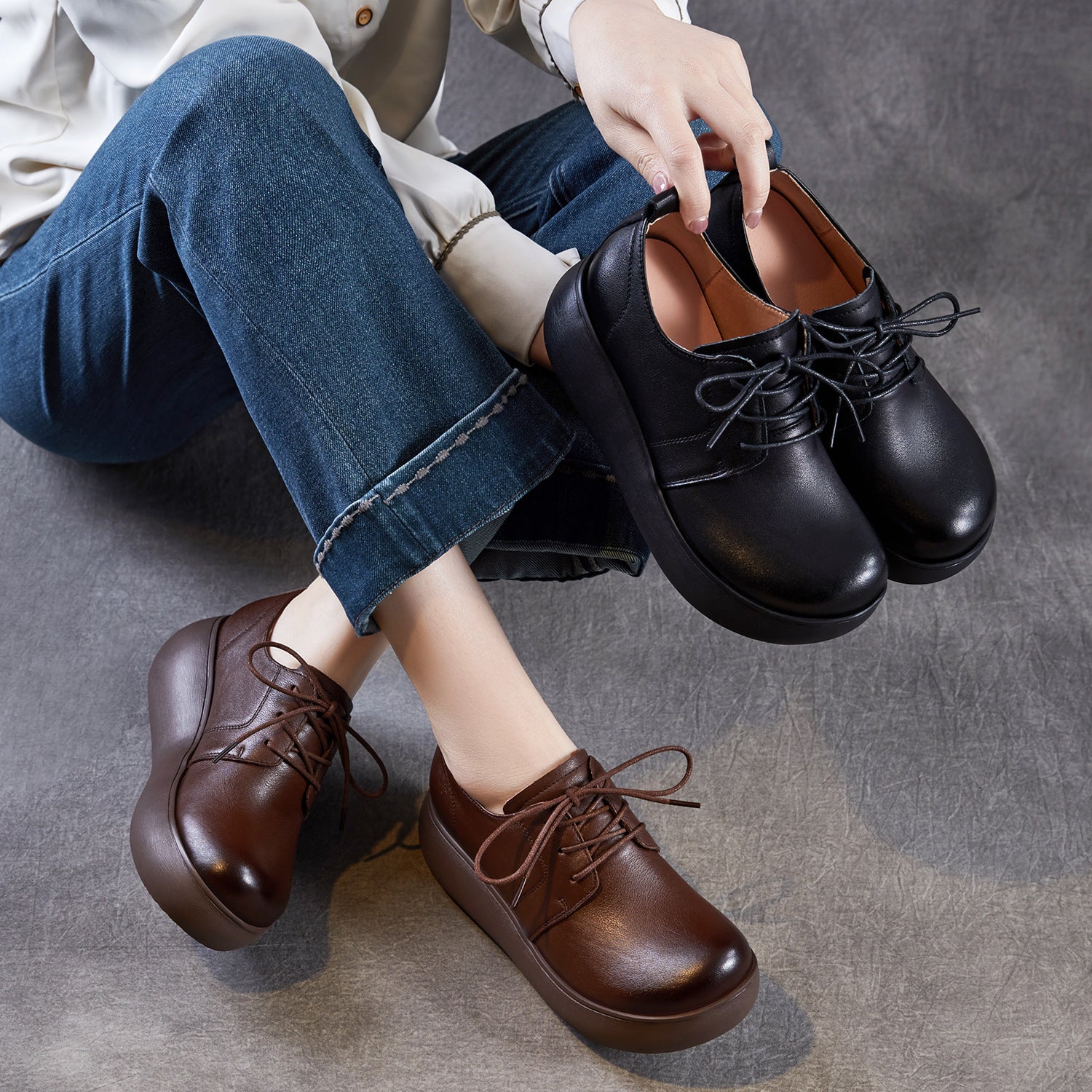 Women Genuine Leather Platform Round Toe Retro Comfort Loafers-RAIIFY