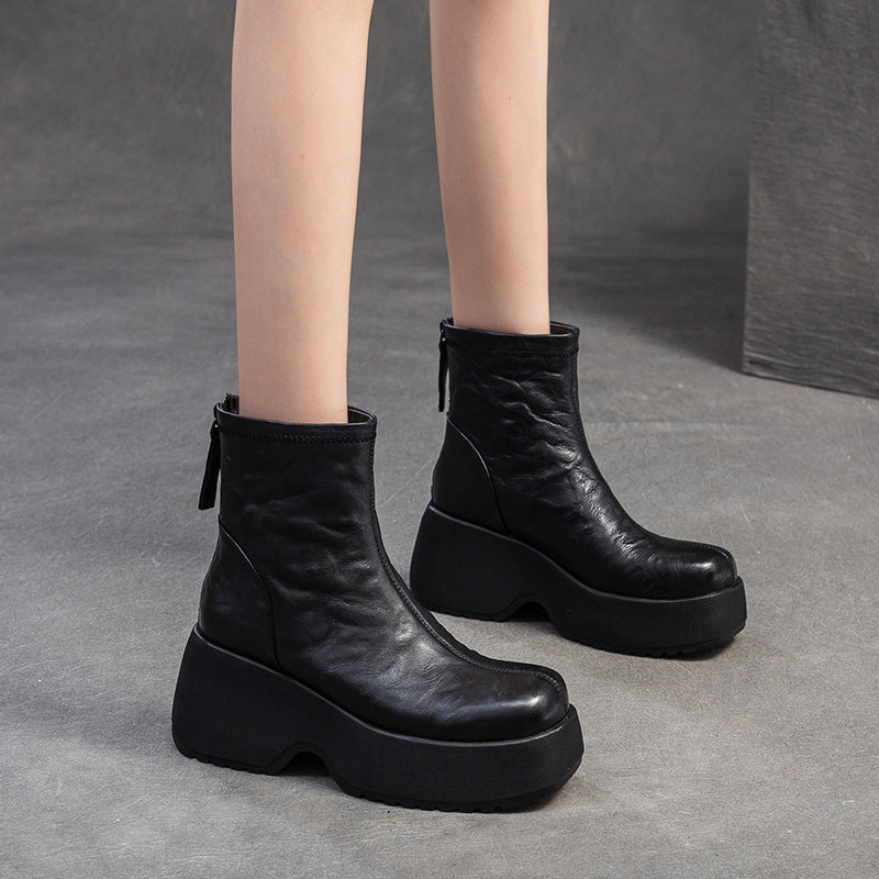 Women Retro Solid Leather Chunky Platform Boots-RAIIFY