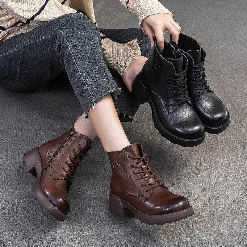 Women Retro Leather Low Block Ankle Boots-RAIIFY