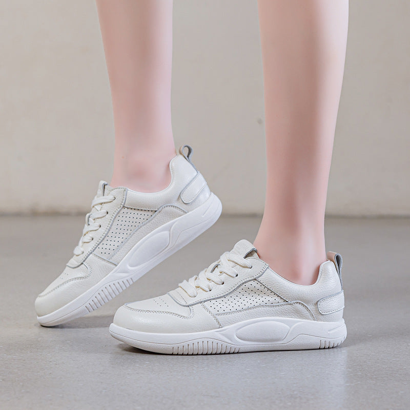 Women's Perforated Cowhide Leather White Sneakers-RAIIFY