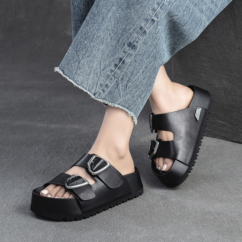 Women Soft Leather Thick Soled Casual Slides Sandals-RAIIFY