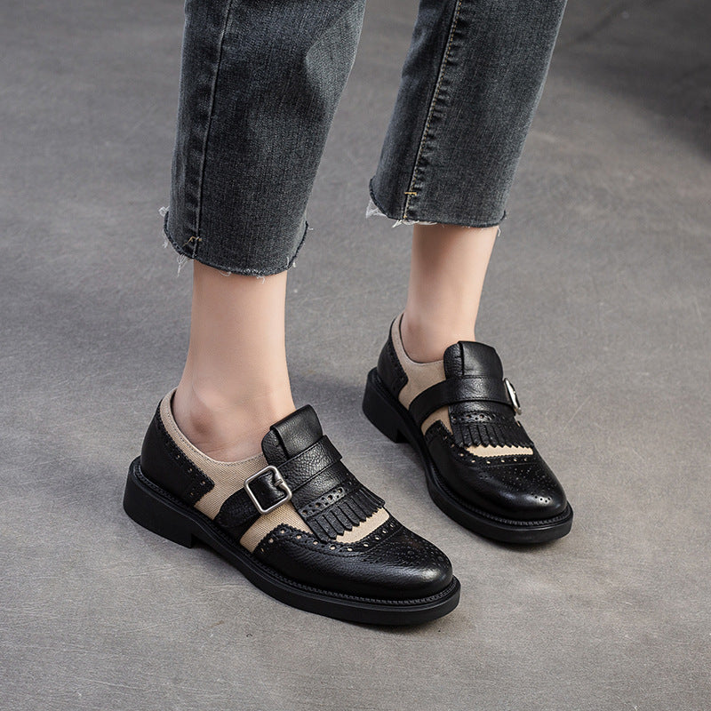 Women Patchwork Hollow Leather Retro Loafers-RAIIFY