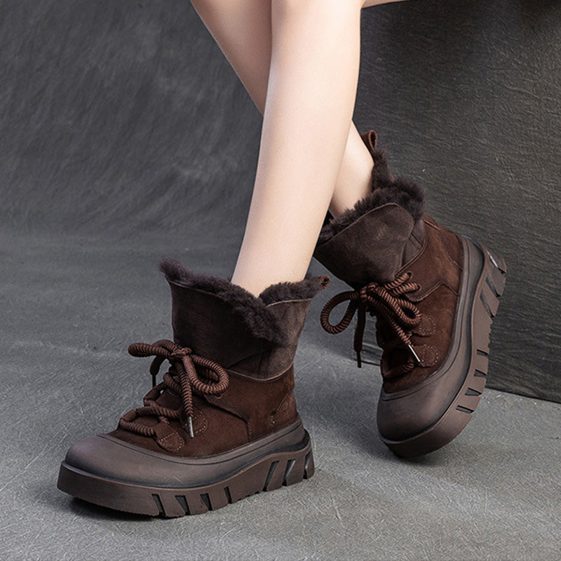 Women Solid Cowhide Warm Casual Woolen Snow Boots-RAIIFY