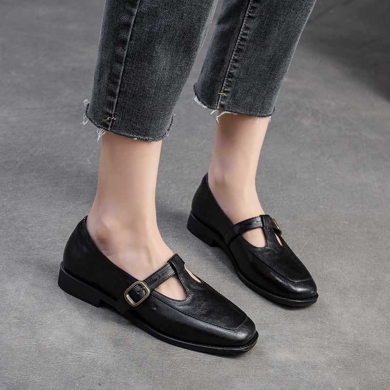 Women T-Strap Retro Leather Casual Loafers-RAIIFY