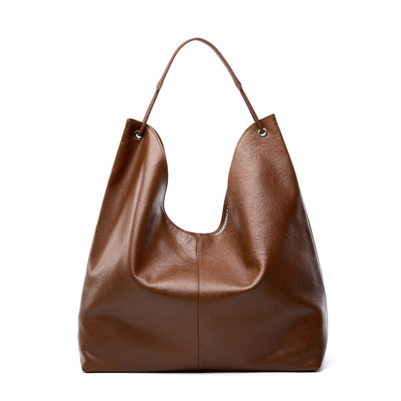 Women Minimalism Solid Soft Cowhide Shoulder Tote Bag-RAIIFY