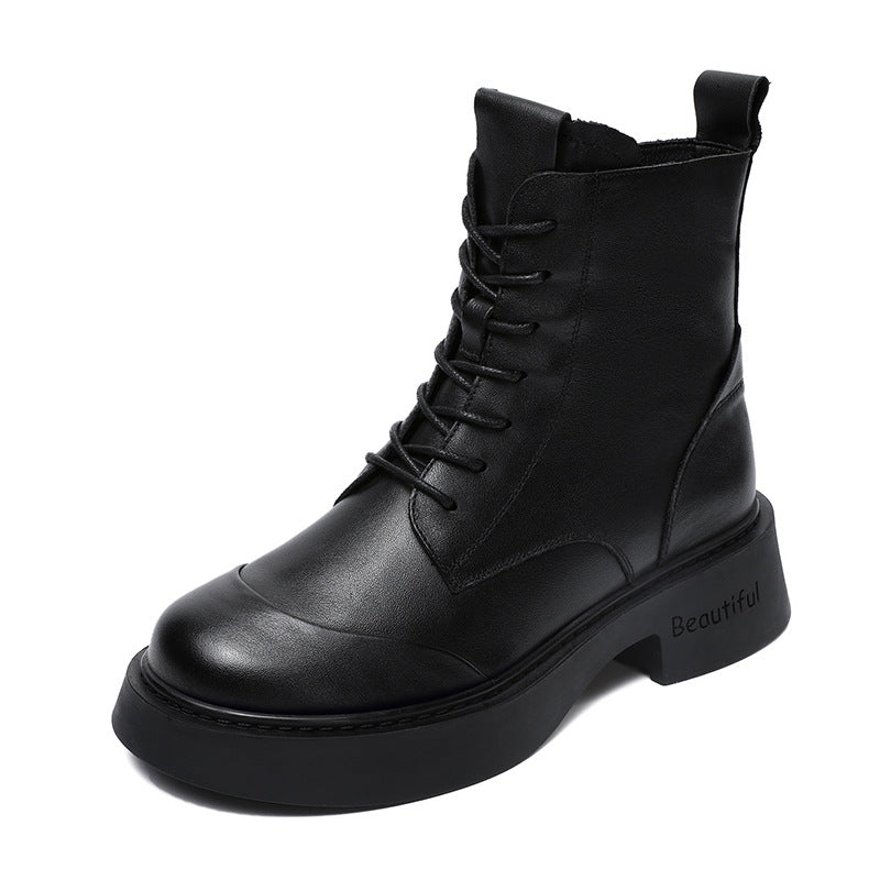 Women Classic Solid Leather Low Block Boots-RAIIFY