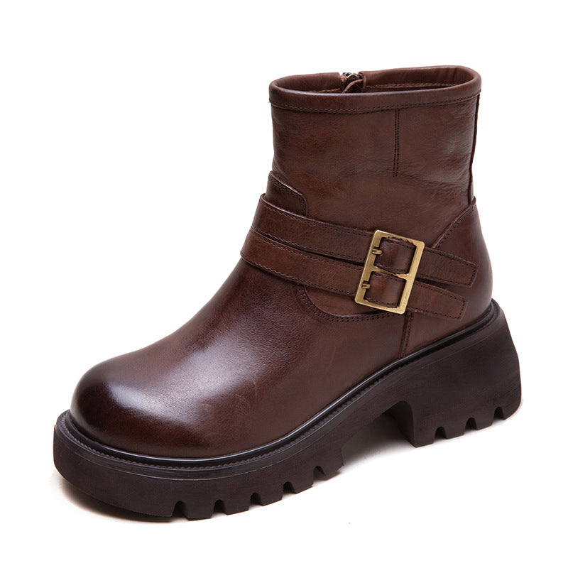 Women Vintage Leather Buckle Casual Platform Boots-RAIIFY