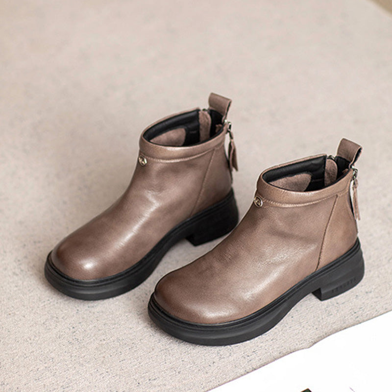 Women Retro Solid Leather Casual Ankle Boots-RAIIFY