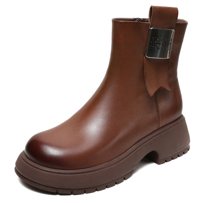 Women Minimalism Solid Leather Casual Boots-RAIIFY