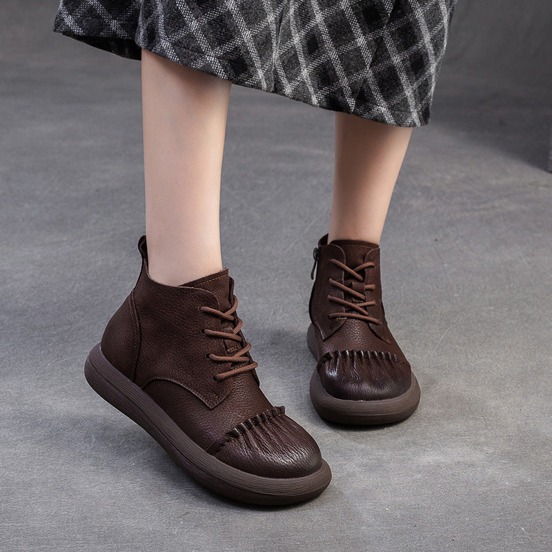 Women Retro Quilted Leather Flat Ankle Boots-RAIIFY