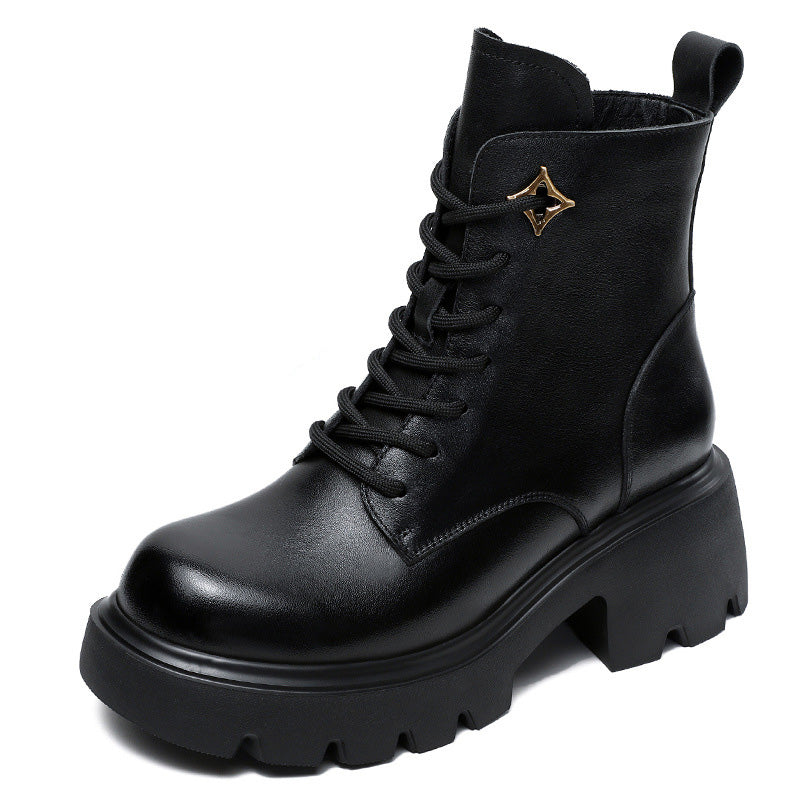 Women Vintage Minimalism Leather Platform Boots-RAIIFY