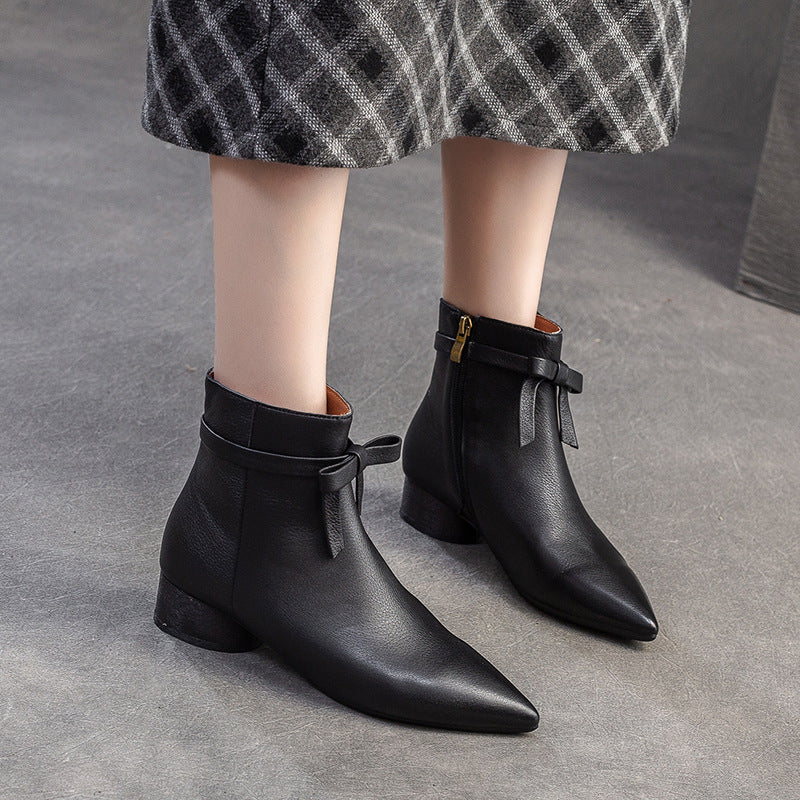 Women Retro Solid Leather Pointed Toe Low Block Ankle Boots-RAIIFY