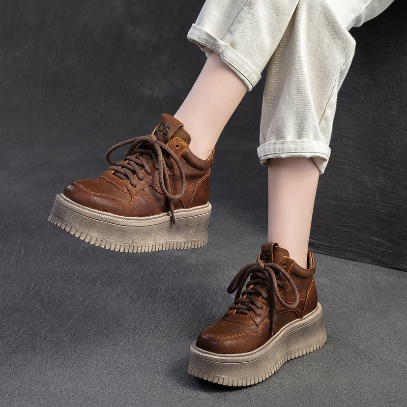 Women Vintage Leather Chunky Platform Casual Shoes-RAIIFY