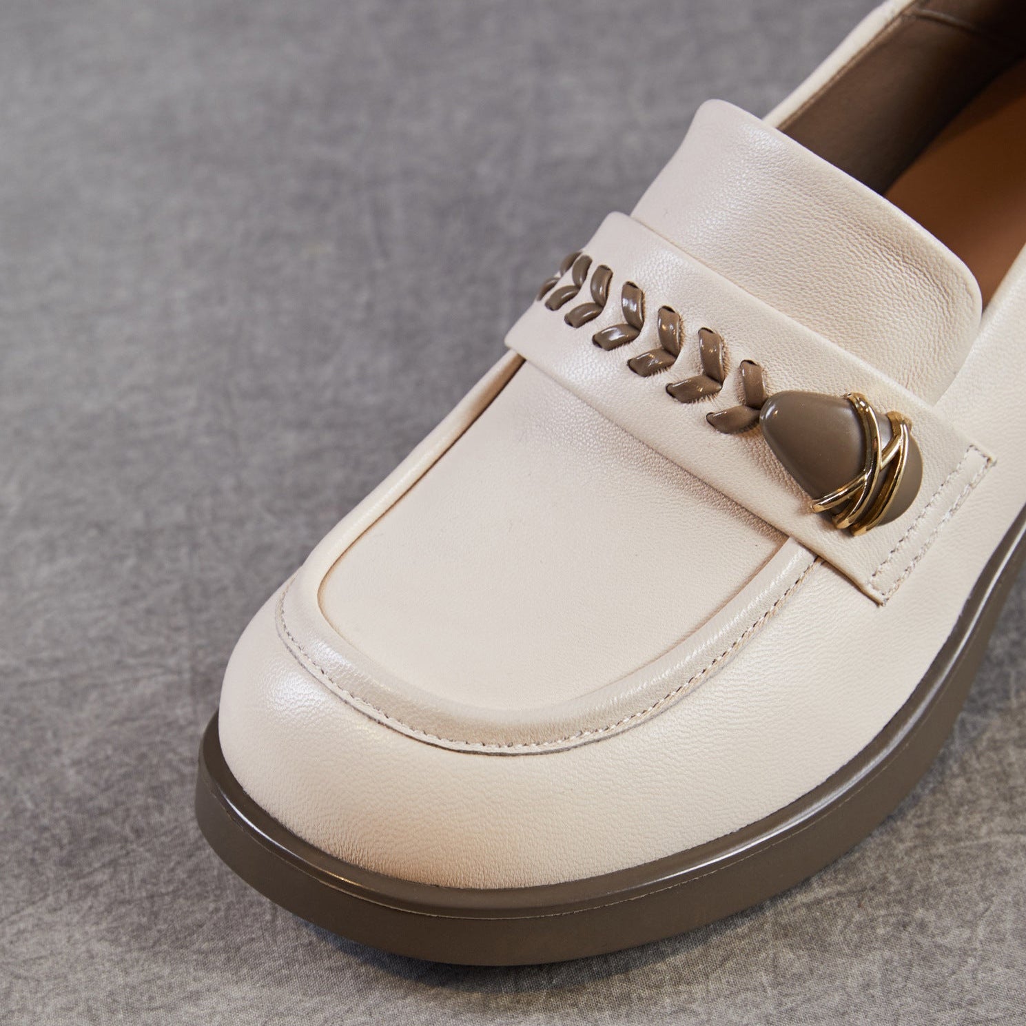 Women's Plain Leather Casual Chunky Heel Loafers-RAIIFY