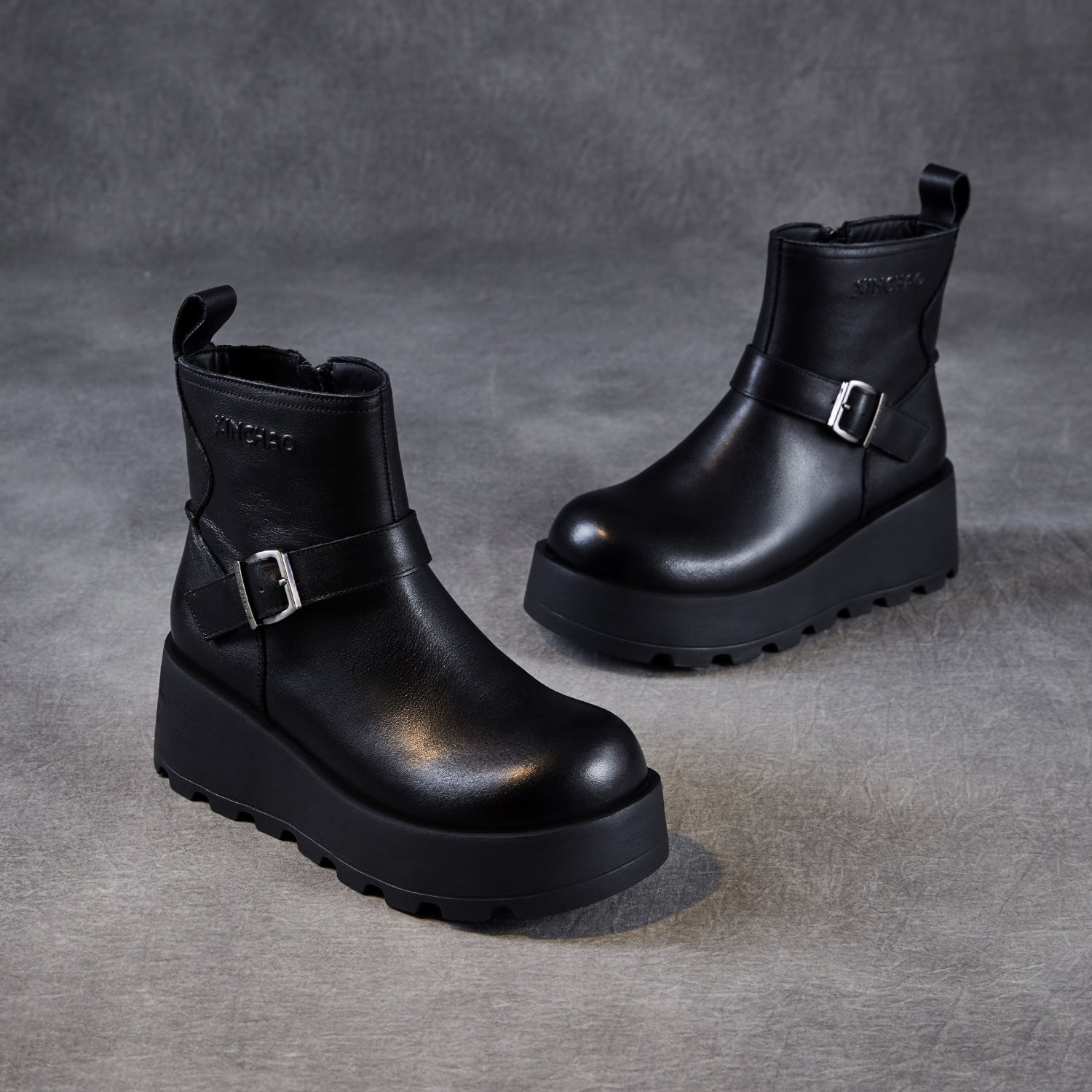 Women's Vintage Plain Leather Chunky Platform Ankle Boots-RAIIFY