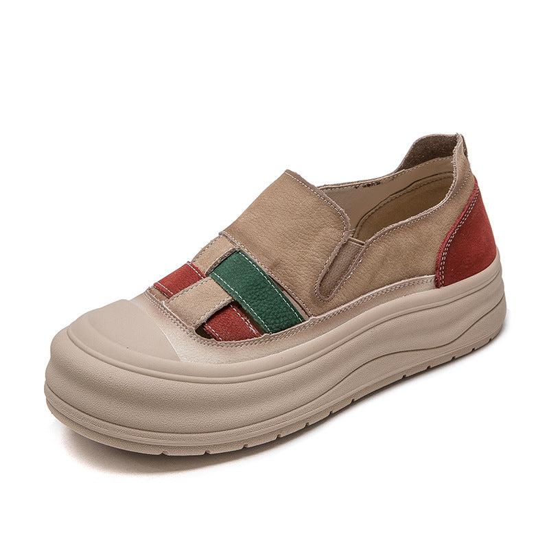 Women Retro Color Matching Soft Leather Casual Shoes-RAIIFY