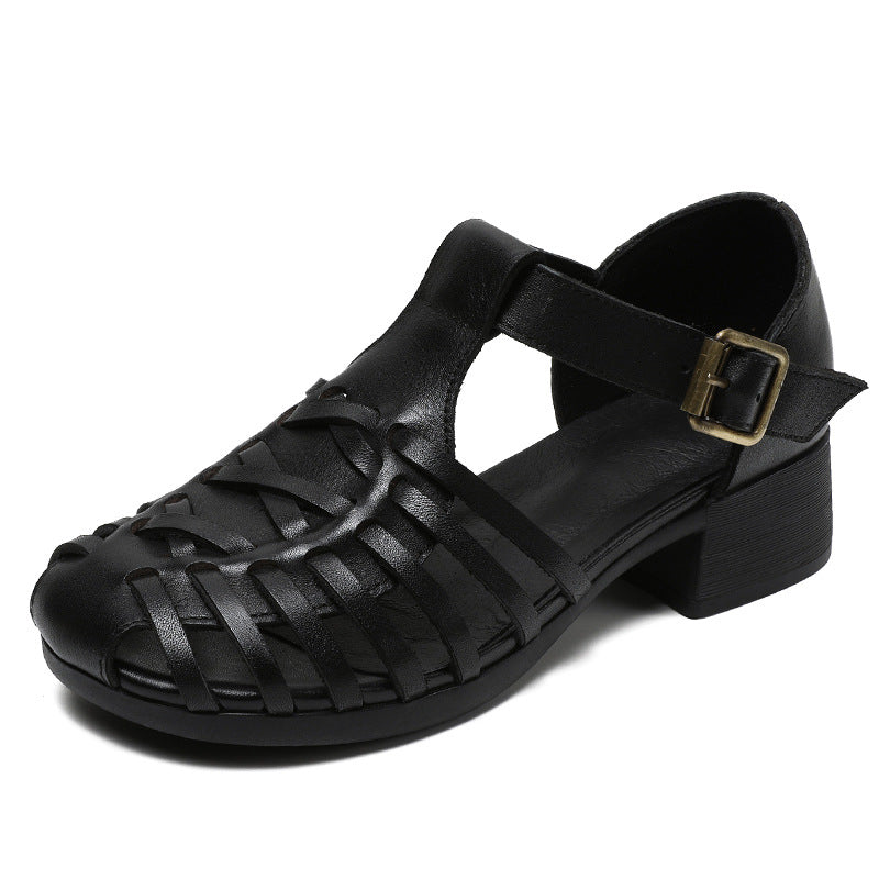 Women Retro Plaited Leather Summer Low Block Sandals-RAIIFY