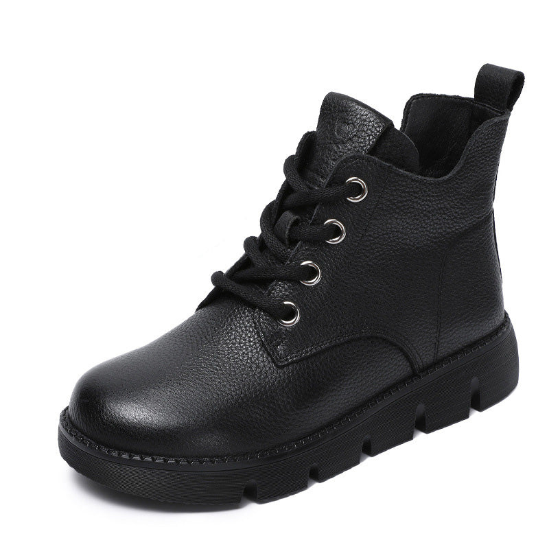 Women Vintage Solid Leather Soft Flat Ankle Boots-RAIIFY