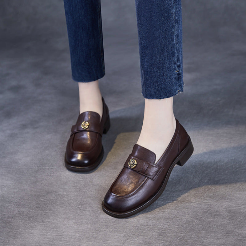 Women Vintage Solid Leather Work Loafers-RAIIFY