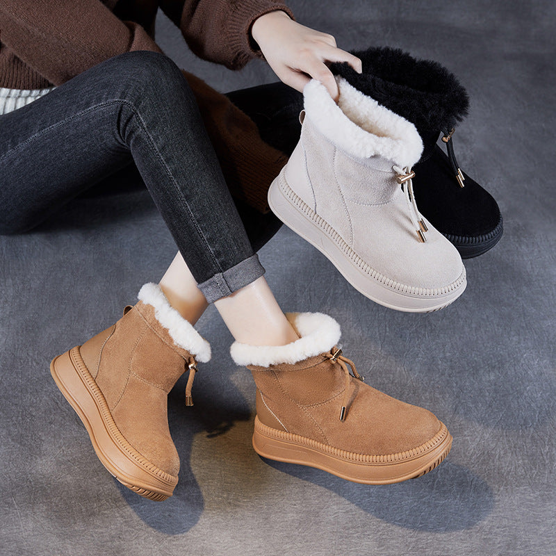 Women Minimalism Solid Suede Lace-up Ankle Snow Boots-RAIIFY