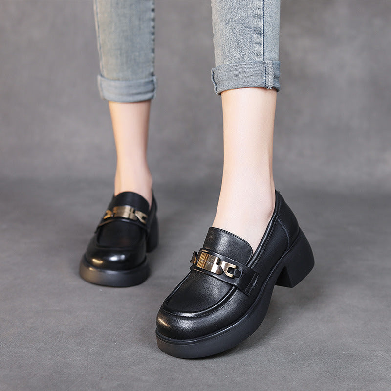 Women Retro Classic Leather Chunky Heel Loafers-RAIIFY